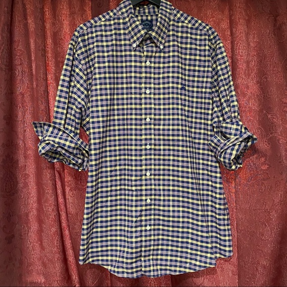 Brooks Brothers Navy Red Yellow Plaid Button Up - Picture 1 of 4